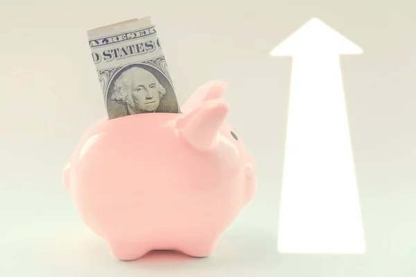 Dollár Ragaszkodik Egy Rózsaszín Piggy Bank Fehér Alapon Bevételek Növekedési — Stock Fotó