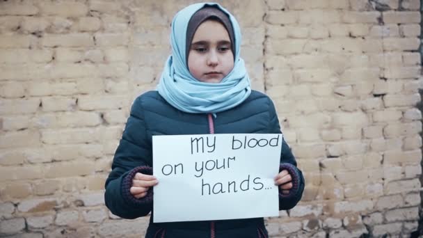 Refugee Girl Inscription White Sheet Blood Your Hands — Stock Video