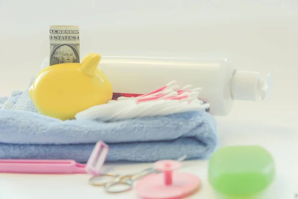 Piggy Bank Acessórios Banheiro Conceito Limpeza Dinheiro — Fotografia de Stock