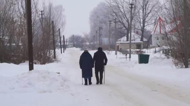杖を持った老人は 村の冬道に沿ってゆっくりと行く — ストック動画