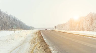gün ışığından yararlanma saat, ağaçlar kar ve sis sırasında road yakınındaki kış orman