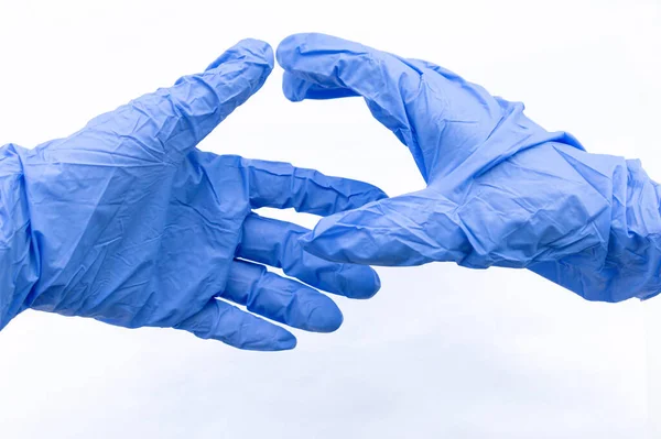 Hands Two People Blue Sterile Gloves Greet White Background Concept — Stock Photo, Image