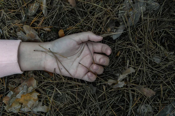 Murder Woods Hand Dead Teenager Forest Ground Victim Violence Concept — Stock Photo, Image