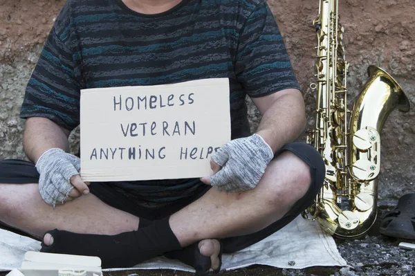 Homeless Street Musician Sits Street Saxophone Earn Food Poverty Hunger — Stock Photo, Image