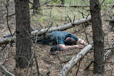Ormanda bir ceset. Mavi tişörtlü ve pantolonlu ölü bir adam devrilmiş bir ağaç tarafından sıkıştırıldı. Ormandaki kaza kavramı. Yatay fotoğraf.