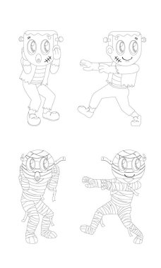 Çizim Frankenstein ve mumya siyah ve beyaz anahat.