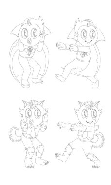 Siyah ve beyaz anahat vampir ve kurt adam çizimi.