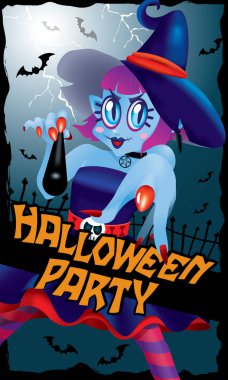 Sevimli cadı, bir sihirli değnek ile işaret. Ürkütücü arka plan ile.