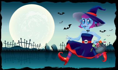 Bir kase şeker onun elinde tutan çalışan şirin bir cadı. Ürkütücü arka plan ile.