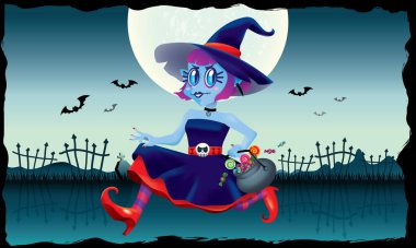 Bir kase şeker onun elinde tutan çalışan şirin bir cadı. Ürkütücü arka plan ile.