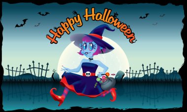 Şeker ve onun elinde sihirli bir süpürge bir kase tutarak çalışan şirin bir cadı. Ürkütücü arka plan ile.