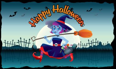 Şeker ve onun elinde sihirli bir süpürge bir kase tutarak çalışan şirin bir cadı. Ürkütücü arka plan ile.