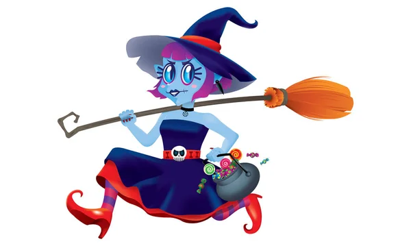一个运行可爱的女巫 手里拿着一碗糖果和一个魔法扫帚 — 图库矢量图片