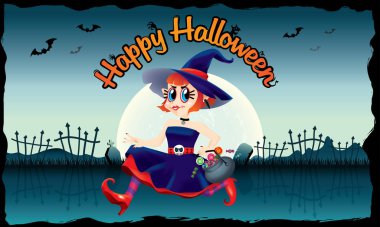 Bir kase şeker onun elinde tutan çalışan şirin bir cadı. Ürkütücü arka plan ile.