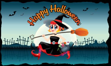 Şeker ve onun elinde sihirli bir süpürge bir kase tutarak çalışan şirin bir cadı. Ürkütücü arka plan ile.