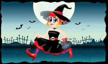 Bir kase şeker onun elinde tutan çalışan şirin bir cadı. Ürkütücü arka plan ile.