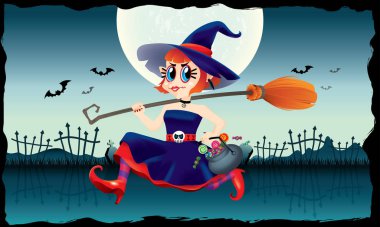 Şeker ve onun elinde sihirli bir süpürge bir kase tutarak çalışan şirin bir cadı. Ürkütücü arka plan ile.