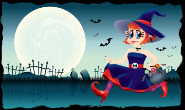 Bir kase şeker onun elinde tutan çalışan şirin bir cadı. Ürkütücü arka plan ile.