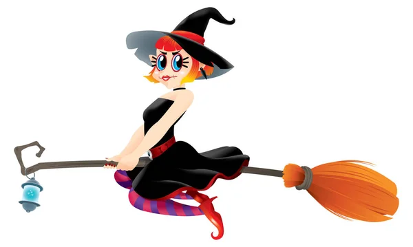 Cute Witch Flying Her Magic Broom Isolated — Free Stock Photo