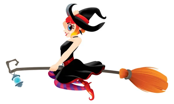 一个可爱的女巫用她的魔法扫帚飞翔 — 图库矢量图片