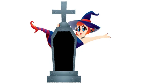 一个可爱的女巫站在墓碑后面 — 图库矢量图片