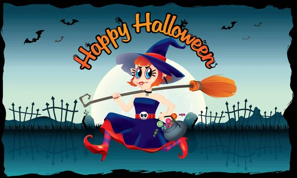 Şeker ve onun elinde sihirli bir süpürge bir kase tutarak çalışan şirin bir cadı. Ürkütücü arka plan ile.