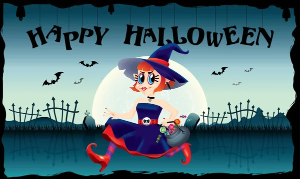 Bir kase şeker onun elinde tutan çalışan şirin bir cadı. Ürkütücü arka plan ile.