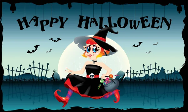 Bir kase şeker onun elinde tutan çalışan şirin bir cadı. Ürkütücü arka plan ile.