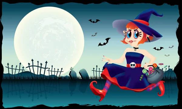 Bir kase şeker onun elinde tutan çalışan şirin bir cadı. Ürkütücü arka plan ile.