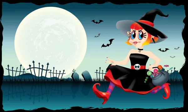 Bir kase şeker onun elinde tutan çalışan şirin bir cadı. Ürkütücü arka plan ile.