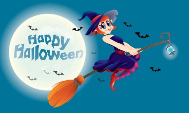 Sevimli cadı onu sihirli süpürgeyle uçan. Dolunay gece sahne ile.