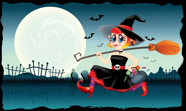 一个运行可爱的女巫 手里拿着一碗糖果和一个魔法扫帚 带有怪异背景的 — 图库矢量图片