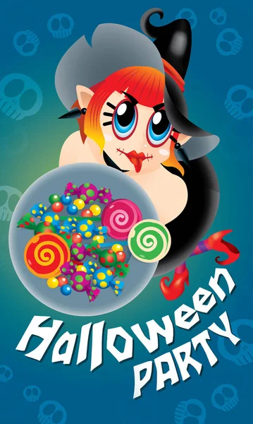 Cute Witch Holding Plate Candies Spooky Background — Stock Vector