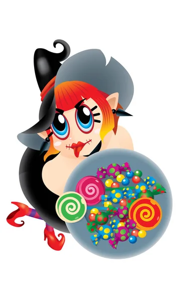 一个可爱的女巫拿着一盘糖果 — 图库矢量图片