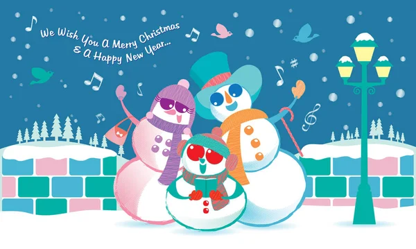 Vector Familia Muñeco Nieve Cantando Villancico Bajo Nieve — Vector de stock