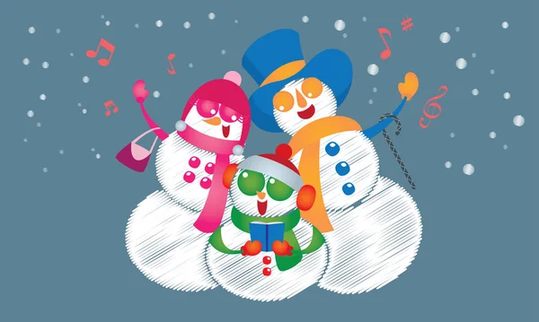 Vector Familia Muñeco Nieve Cantando Villancico Bajo Nieve — Archivo Imágenes Vectoriales