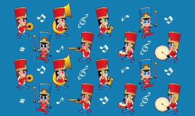 Tatlı pirinç grup çeşitli aletleri tür. Renk ve müzik simgeleri arka plan ile.