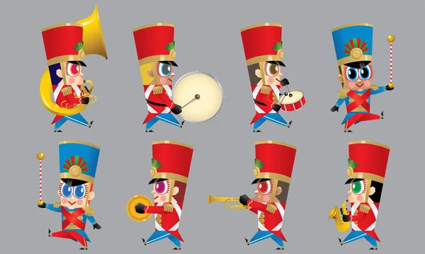 Marching Cute Brass Band Various Kind Instruments Isolated — Stock Vector