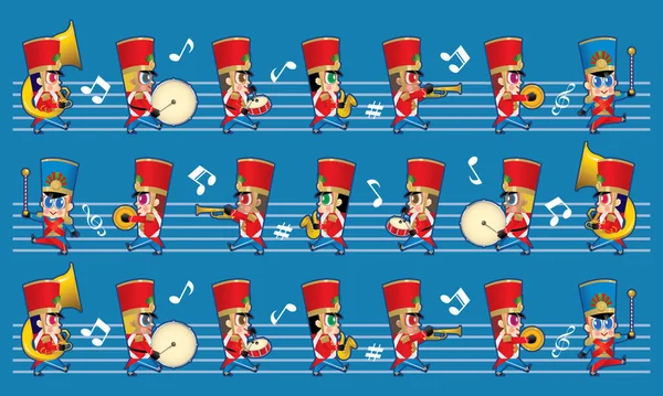 Egy Aranyos Sárgaréz Zenekarban Különböző Típusú Eszközök Szín Zene Szimbólumok — Stock Vector