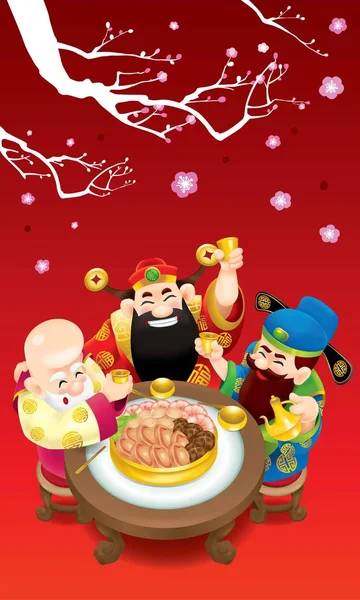 Three cute Chinese gods (represent long life, wealthy and career) are feasting cheerfully.