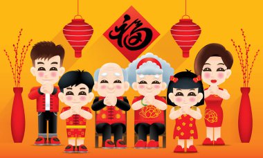 Oryantal bir aile tebrik yazısı ve oryantal tarzda arka plan ile. Başlık: refah.