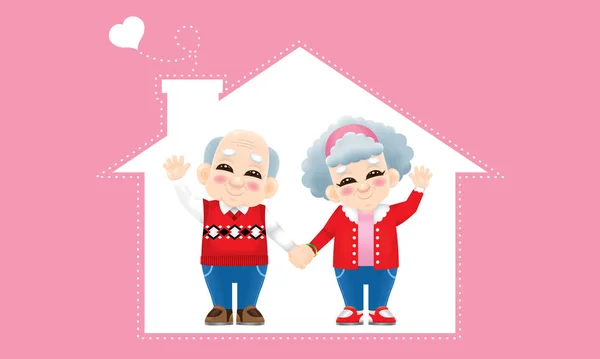 Senior Oriental Couple Winter Costume House Background — Stock Vector