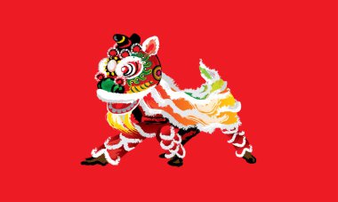 A squatting Chinese lion in various colors and presented in splashing ink drawing style. Vector. clipart