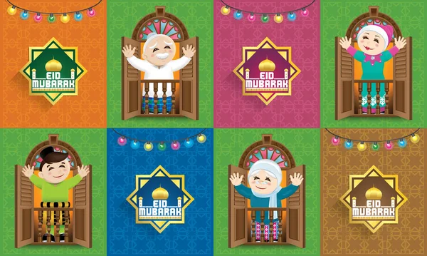 Une Famille Musulmane Célébrant Festival Raya Avec Fond Motif Malais — Image vectorielle