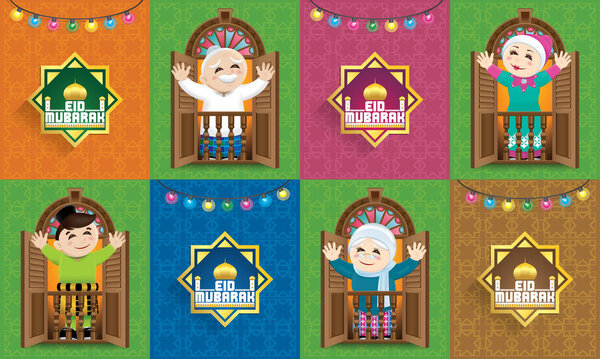 A Muslim family celebrating Raya festival, with colourful Malay motif background. Caption: happy holiday. Vector.