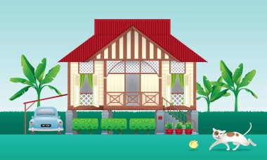 A beautiful traditional wooden Malay style village house. With an antique car. Isolated. Vector.  clipart