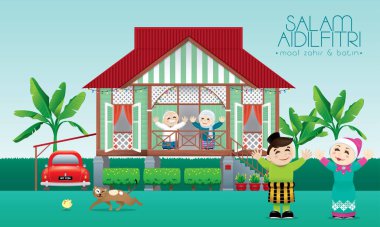 Raya Festivali geleneksel Malay tarzı evlerinde kutlama Müslüman bir aile. Başlık: mutlu Hari Raya. Vektör.