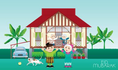 A Muslim family celebrating Raya festival in their traditional Malay style house. Caption: happy holiday. Vector. clipart