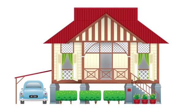Une Belle Maison Village Traditionnelle Style Malais Bois Avec Une — Image vectorielle