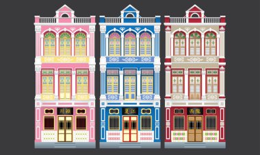 Colorful and historical colonial style three storey terrace houses. Isolated. Caption: the places where the owner's origin. clipart
